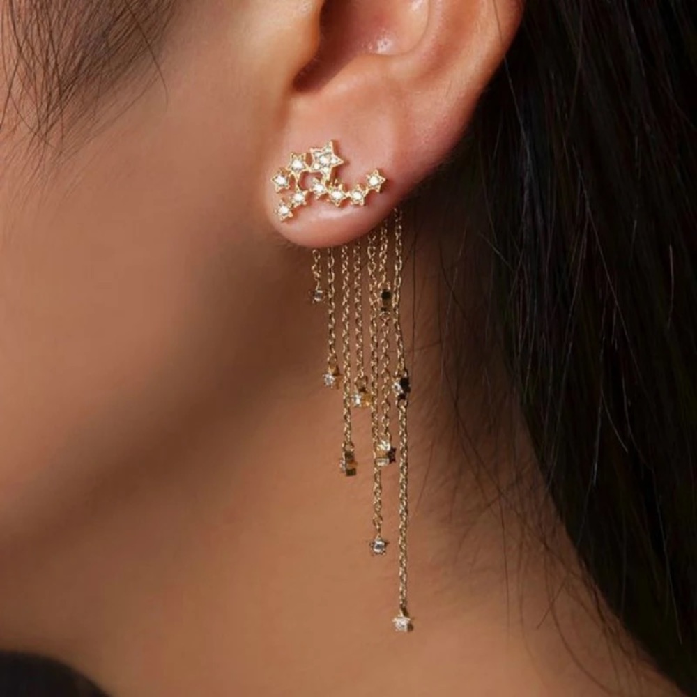 Crystal Stars Tassels Stud Drop Earrings